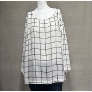 Adrianna Papell Women's White Black Sheer Window Pane Long Sleeve Blouse Large